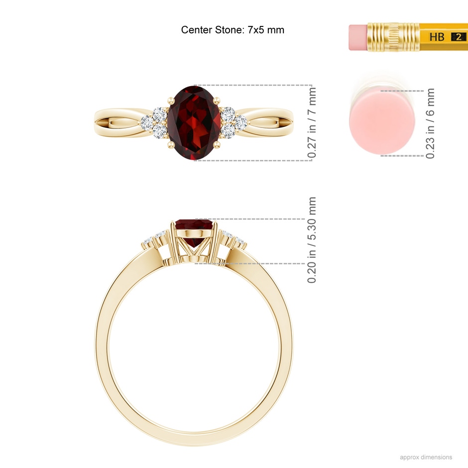7x5mm AAA Solitaire Oval Garnet Split Shank Ring with Trio Diamonds in Yellow Gold ruler