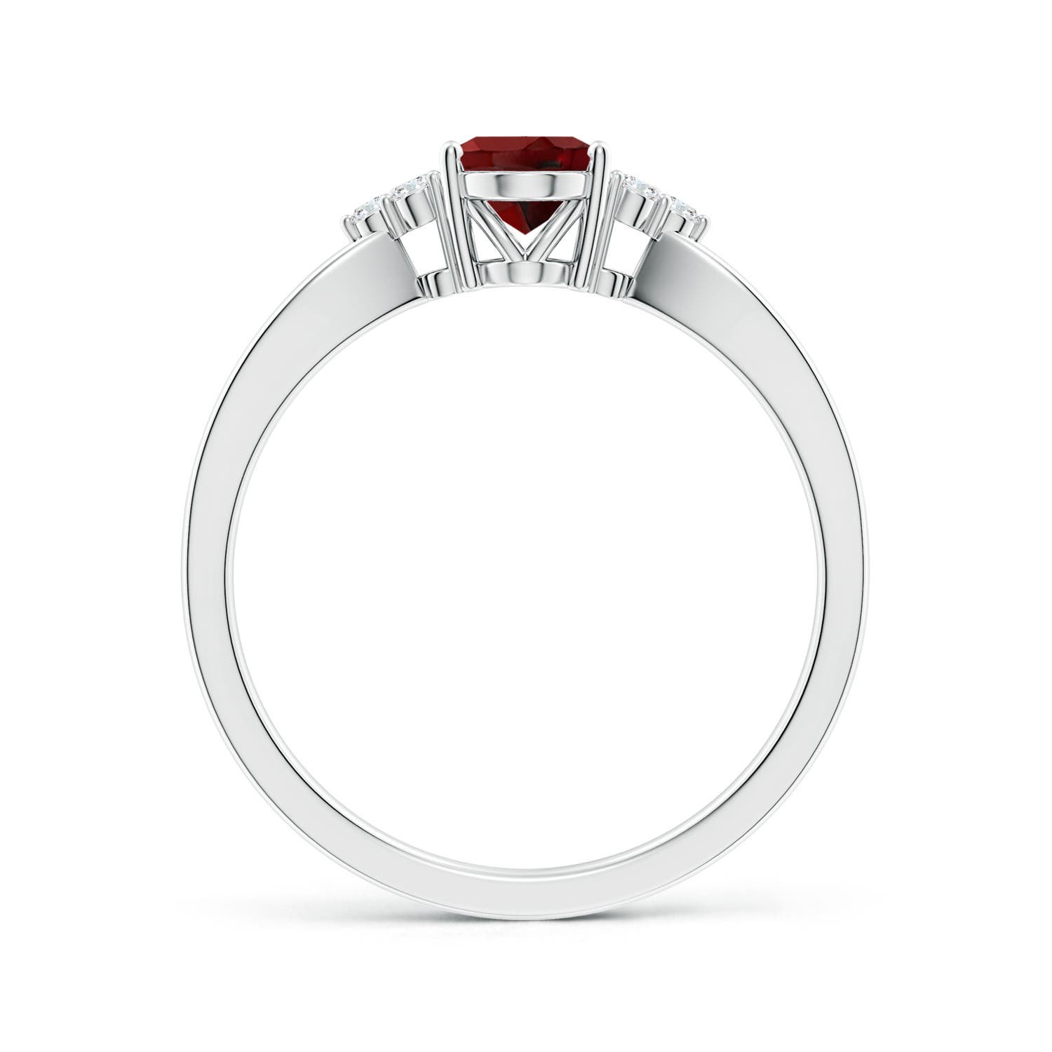 7x5mm AAAA Solitaire Oval Garnet Split Shank Ring with Trio Diamonds in P950 Platinum