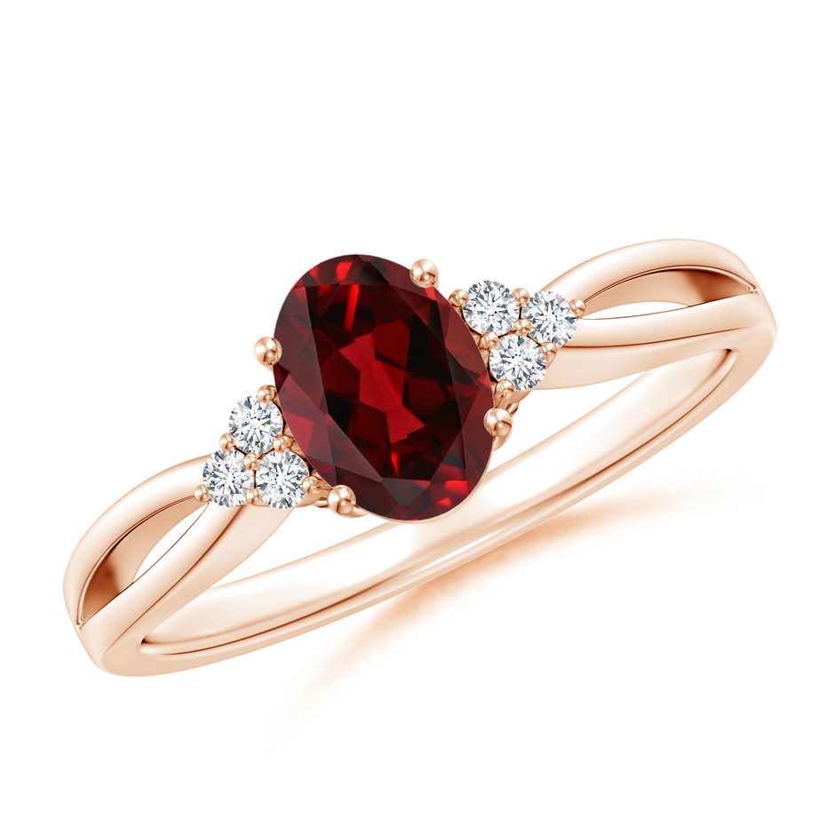 7x5mm AAAA Solitaire Oval Garnet Split Shank Ring with Trio Diamonds in Rose Gold 