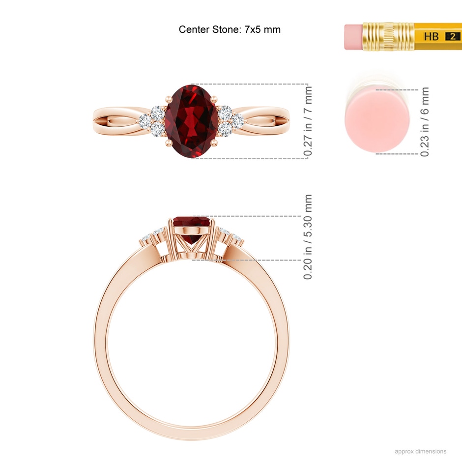 7x5mm AAAA Solitaire Oval Garnet Split Shank Ring with Trio Diamonds in Rose Gold ruler