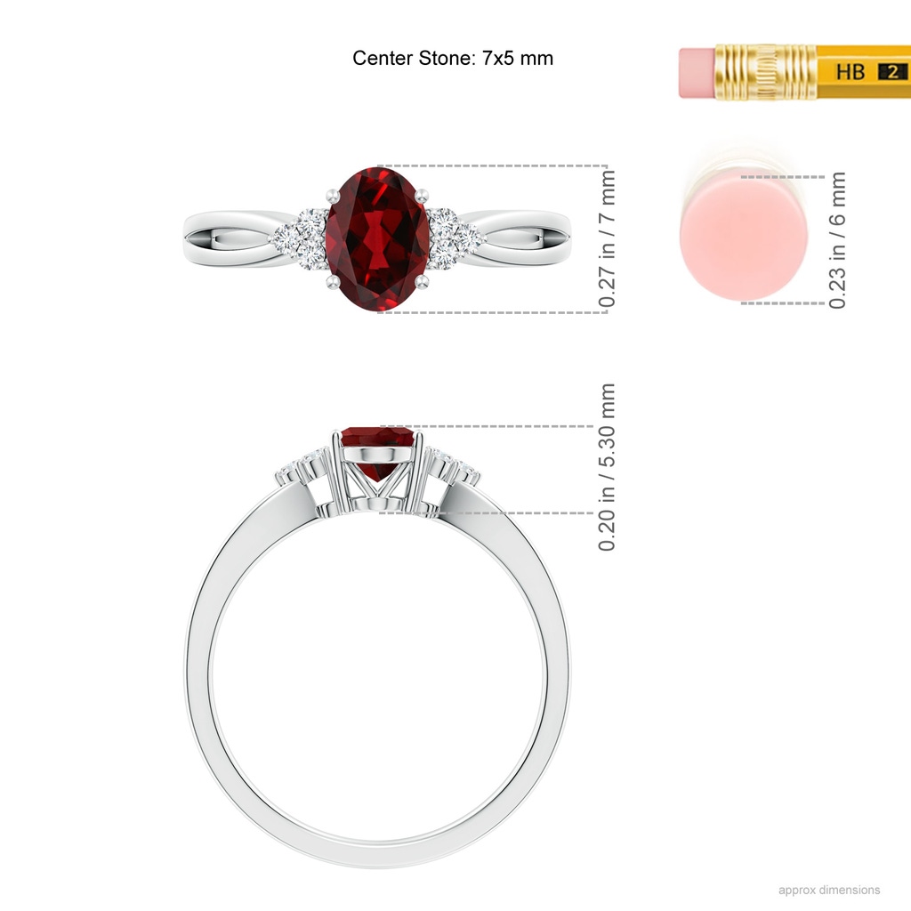 7x5mm AAAA Solitaire Oval Garnet Split Shank Ring with Trio Diamonds in White Gold ruler
