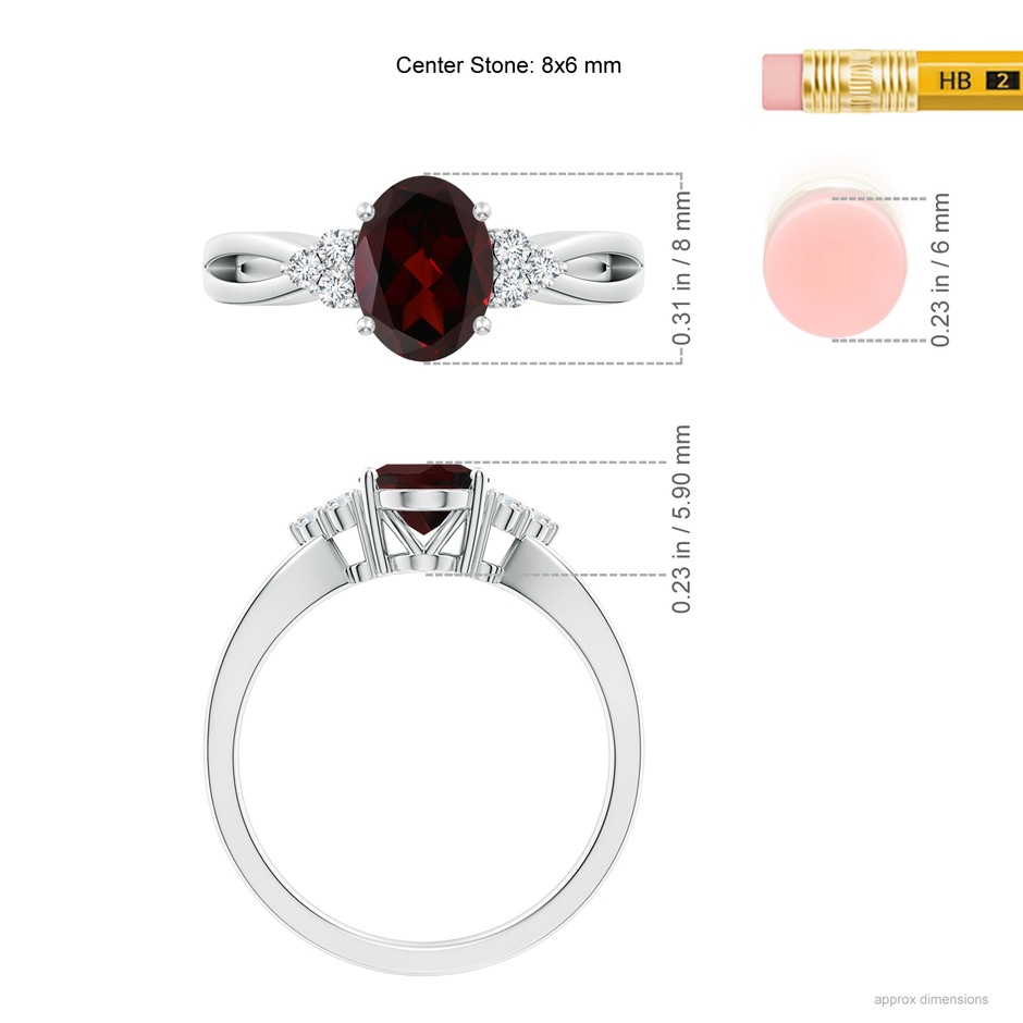 8x6mm A Solitaire Oval Garnet Split Shank Ring with Trio Diamonds in P950 Platinum ruler