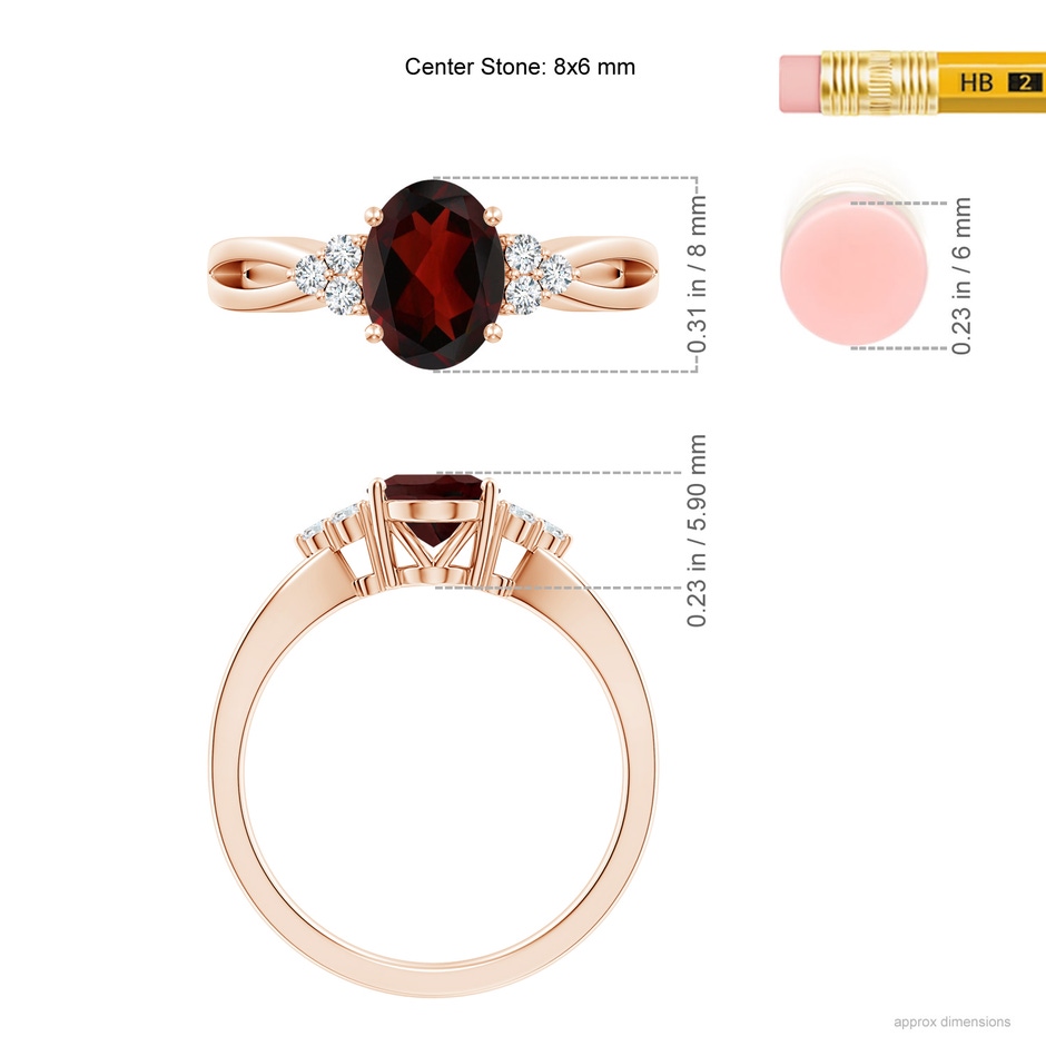 8x6mm AA Solitaire Oval Garnet Split Shank Ring with Trio Diamonds in Rose Gold ruler