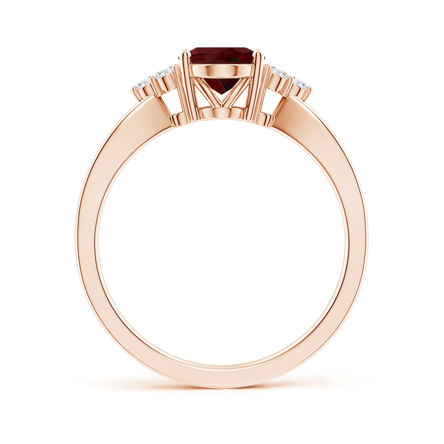 8x6mm AAA Solitaire Oval Garnet Split Shank Ring with Trio Diamonds in Rose Gold