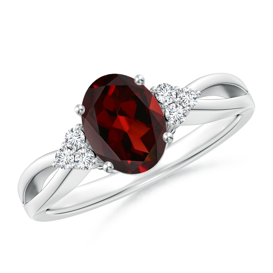 8x6mm AAA Solitaire Oval Garnet Split Shank Ring with Trio Diamonds in White Gold 