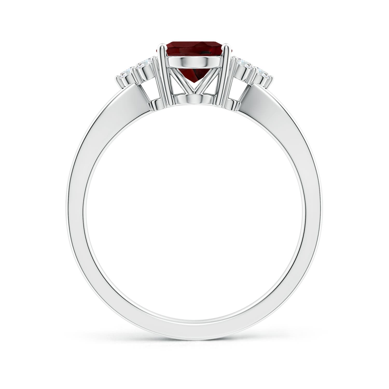 8x6mm AAA Solitaire Oval Garnet Split Shank Ring with Trio Diamonds in White Gold - side 2