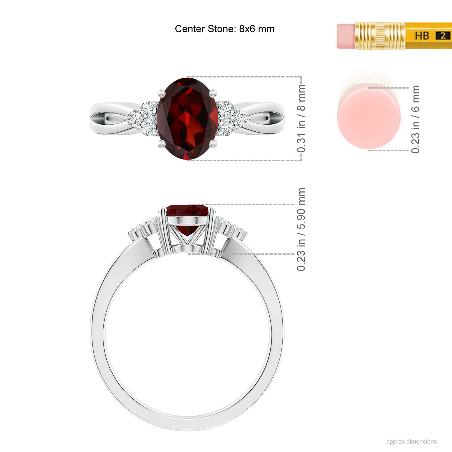 8x6mm AAA Solitaire Oval Garnet Split Shank Ring with Trio Diamonds in White Gold - ruler