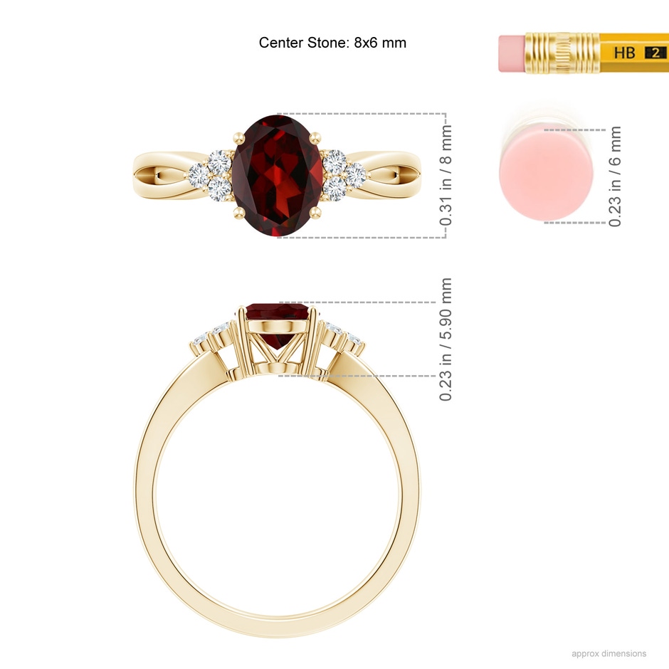 8x6mm AAA Solitaire Oval Garnet Split Shank Ring with Trio Diamonds in Yellow Gold ruler