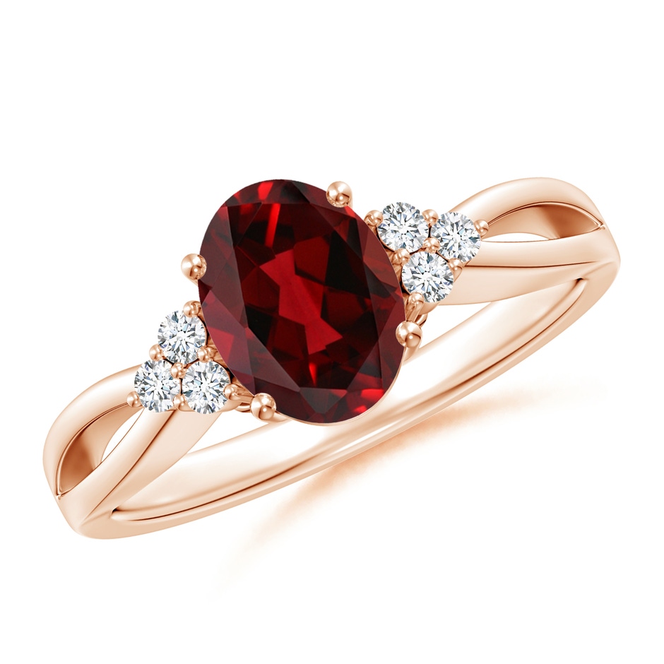 8x6mm AAAA Solitaire Oval Garnet Split Shank Ring with Trio Diamonds in Rose Gold 