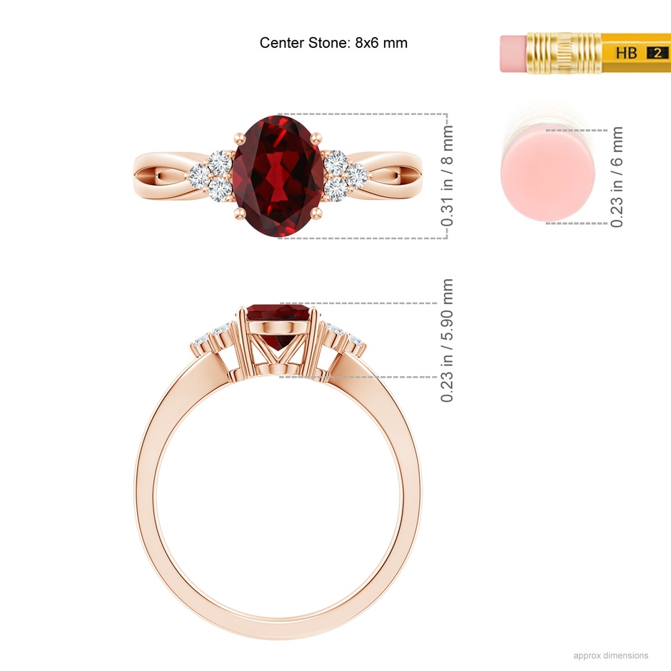 8x6mm AAAA Solitaire Oval Garnet Split Shank Ring with Trio Diamonds in Rose Gold ruler