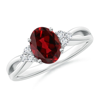 8x6mm AAAA Solitaire Oval Garnet Split Shank Ring with Trio Diamonds in White Gold
