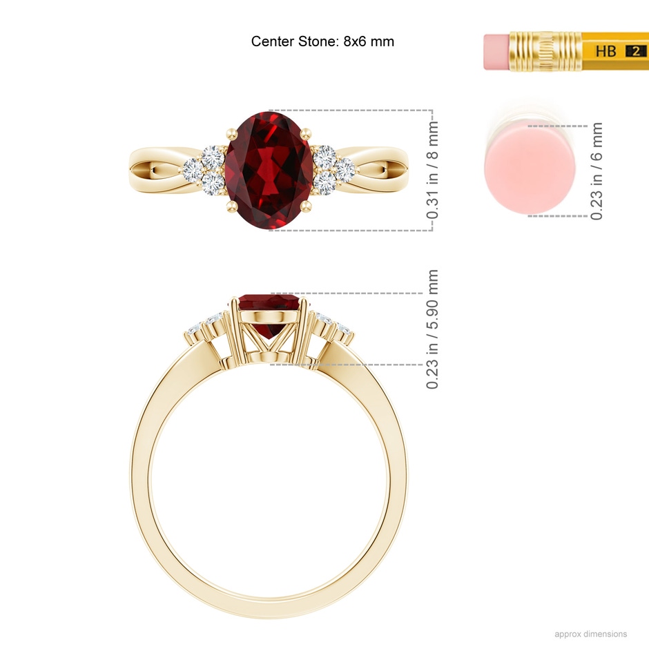 8x6mm AAAA Solitaire Oval Garnet Split Shank Ring with Trio Diamonds in Yellow Gold ruler