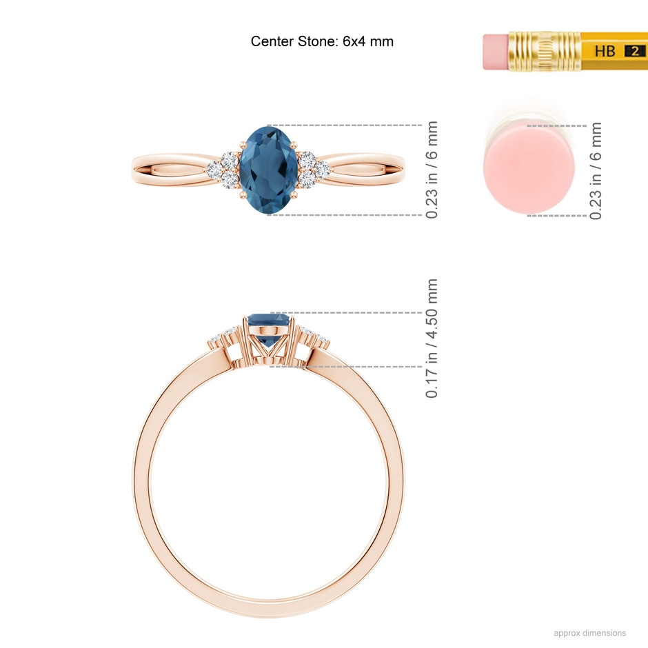6x4mm A Oval London Blue Topaz Split Shank Ring with Trio Diamonds in Rose Gold ruler
