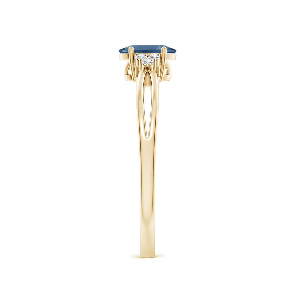 6x4mm A Oval London Blue Topaz Split Shank Ring with Trio Diamonds in Yellow Gold side-2