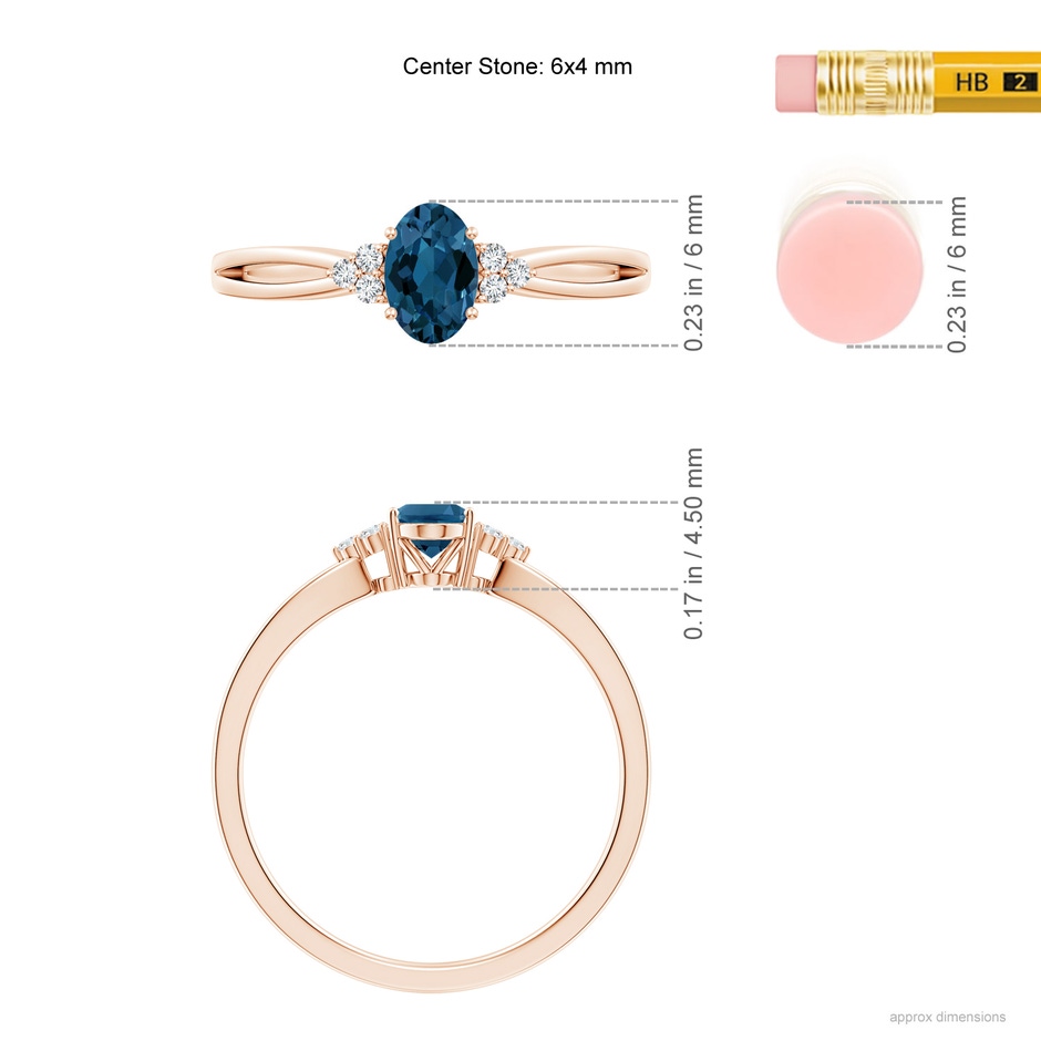 6x4mm AAA Oval London Blue Topaz Split Shank Ring with Trio Diamonds in Rose Gold ruler