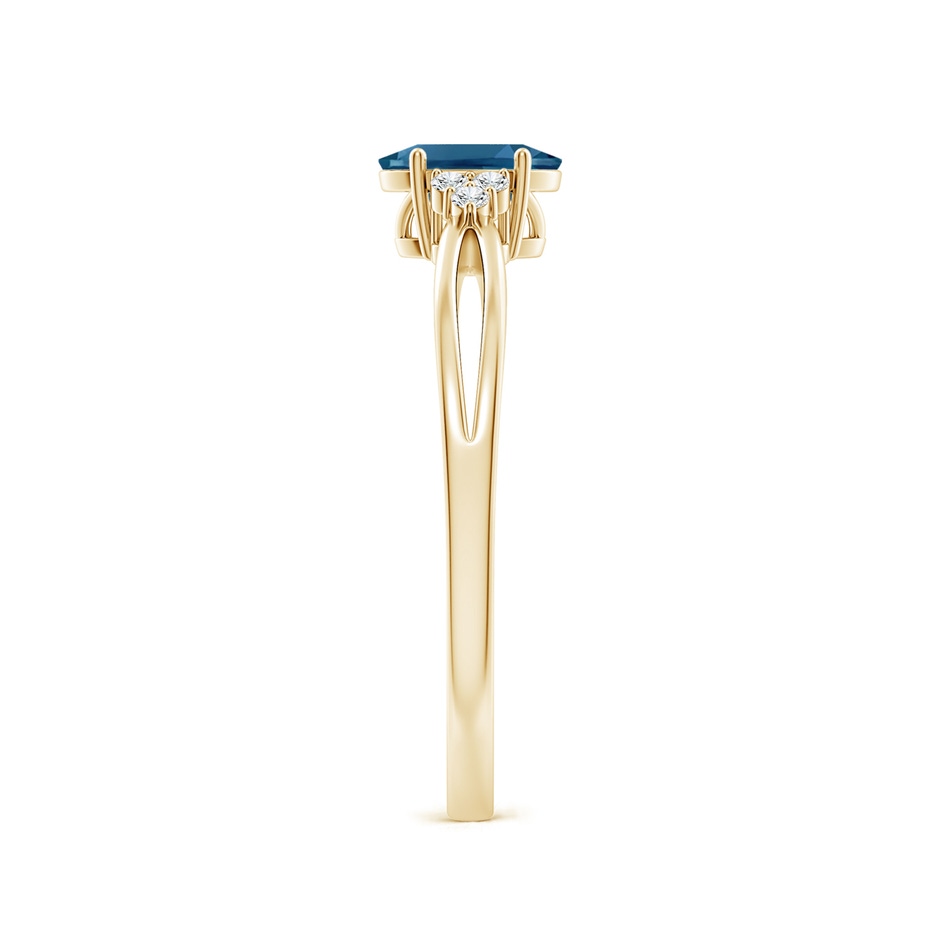 6x4mm AAA Oval London Blue Topaz Split Shank Ring with Trio Diamonds in Yellow Gold side-2