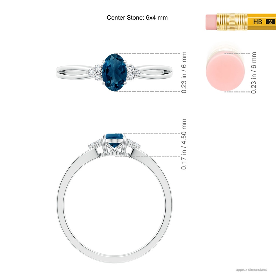 6x4mm AAAA Oval London Blue Topaz Split Shank Ring with Trio Diamonds in P950 Platinum ruler