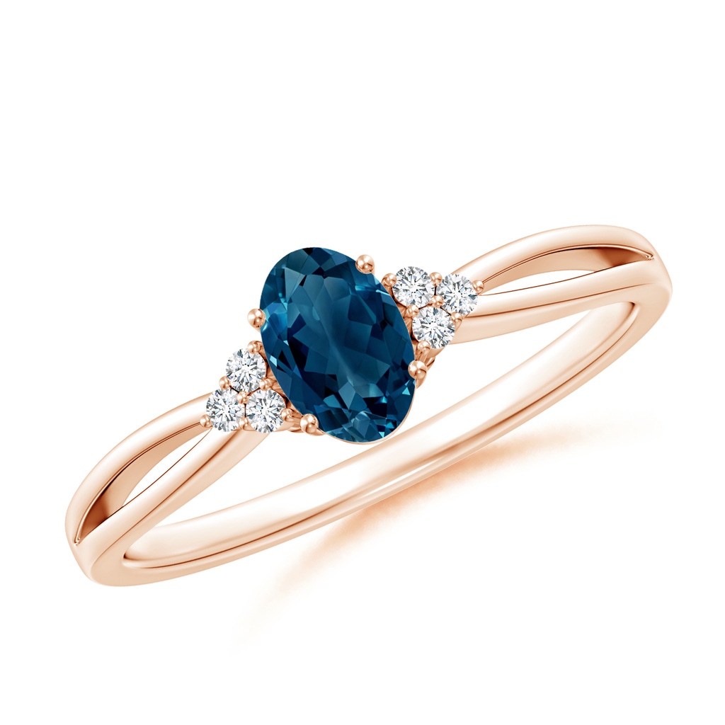 6x4mm AAAA Oval London Blue Topaz Split Shank Ring with Trio Diamonds in Rose Gold