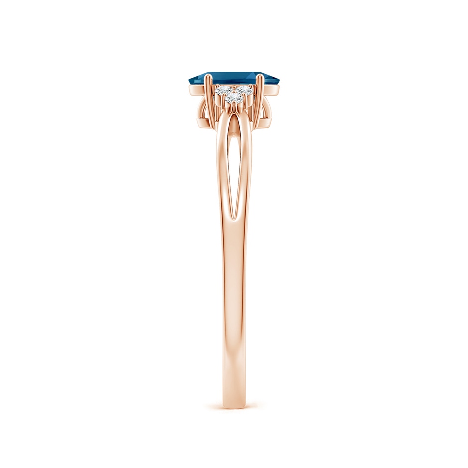 6x4mm AAAA Oval London Blue Topaz Split Shank Ring with Trio Diamonds in Rose Gold side-2