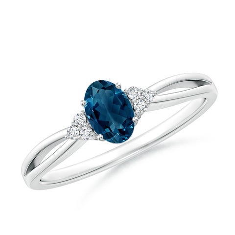 6x4mm AAAA Oval London Blue Topaz Split Shank Ring with Trio Diamonds in White Gold