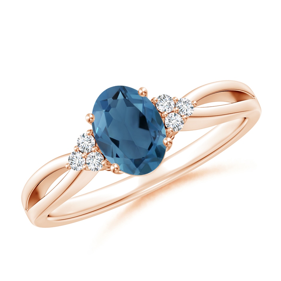 7x5mm A Oval London Blue Topaz Split Shank Ring with Trio Diamonds in Rose Gold 