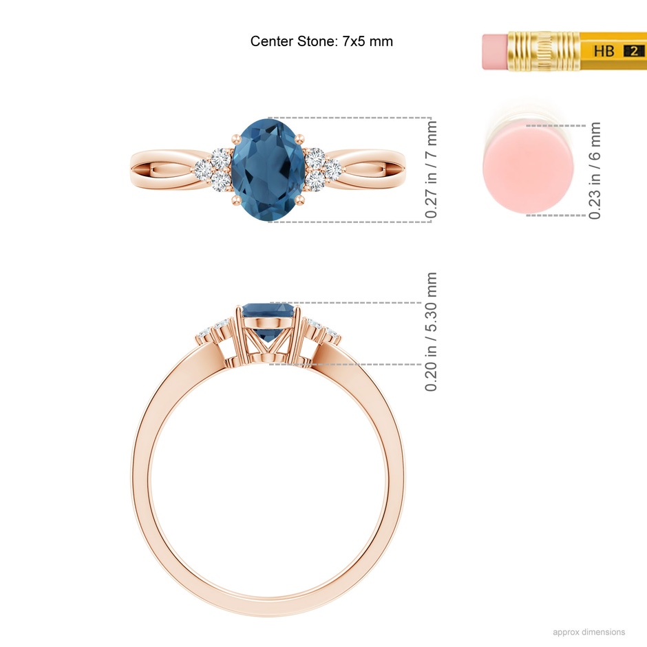 7x5mm A Oval London Blue Topaz Split Shank Ring with Trio Diamonds in Rose Gold ruler