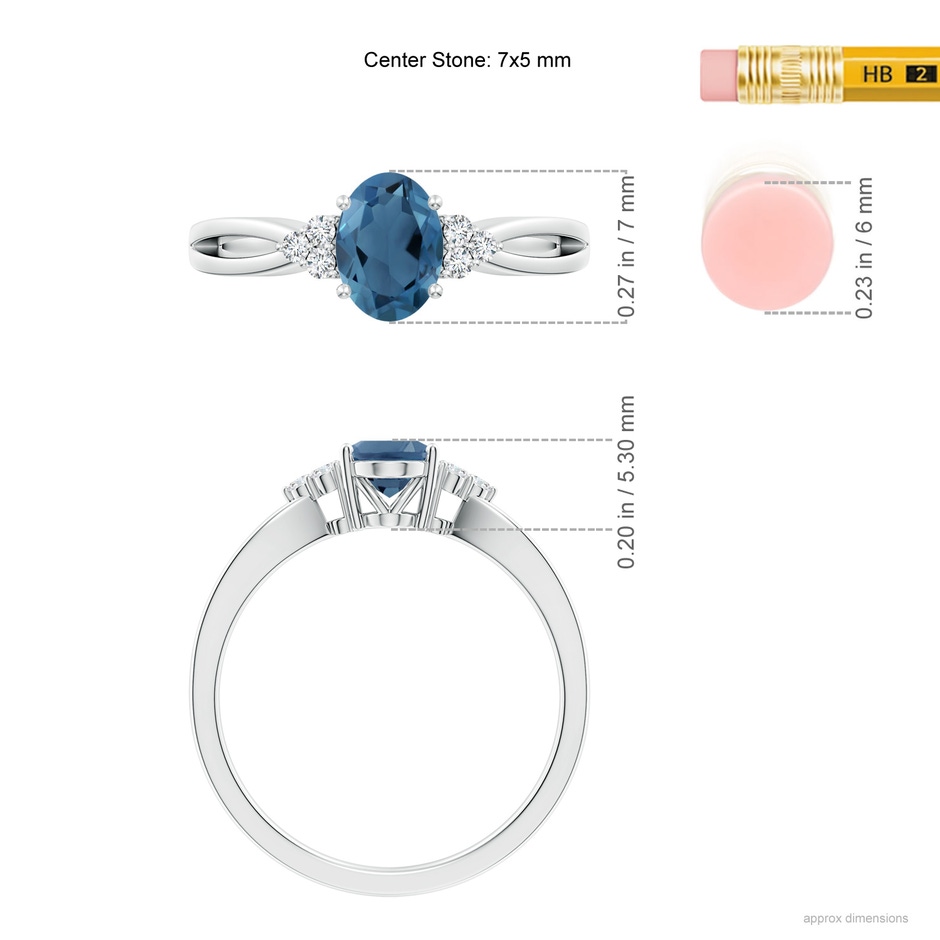 7x5mm A Oval London Blue Topaz Split Shank Ring with Trio Diamonds in White Gold ruler