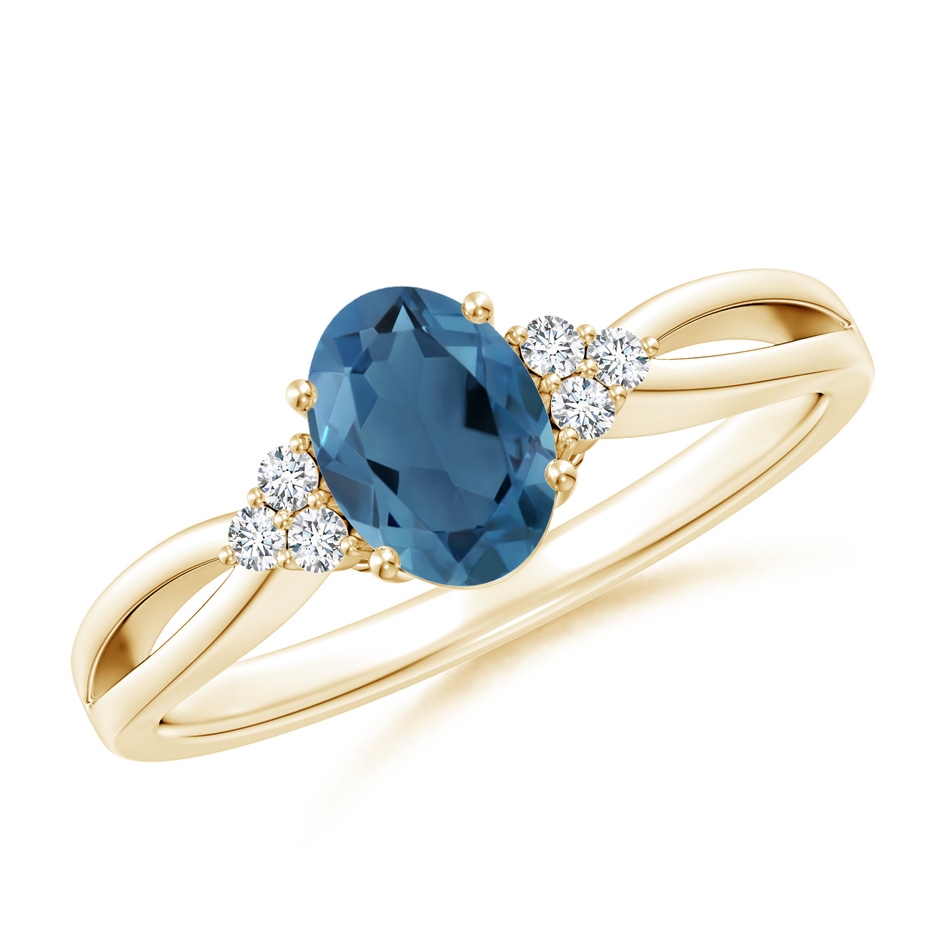 7x5mm A Oval London Blue Topaz Split Shank Ring with Trio Diamonds in Yellow Gold 