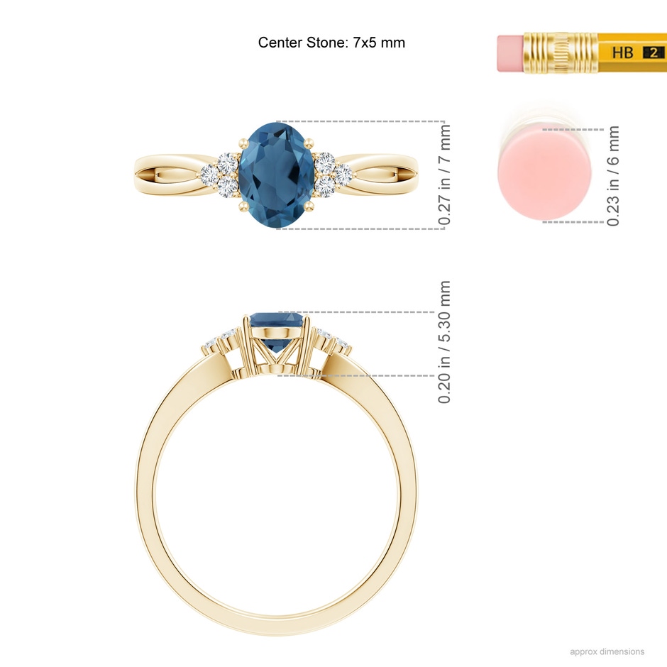 7x5mm A Oval London Blue Topaz Split Shank Ring with Trio Diamonds in Yellow Gold ruler