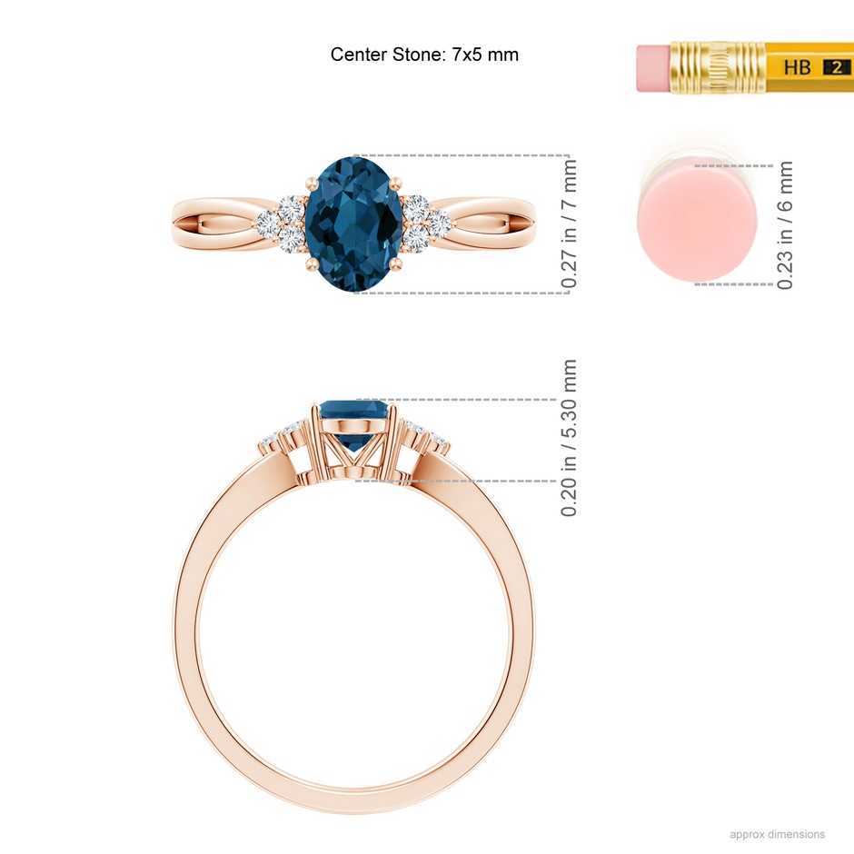7x5mm AAA Oval London Blue Topaz Split Shank Ring with Trio Diamonds in Rose Gold ruler
