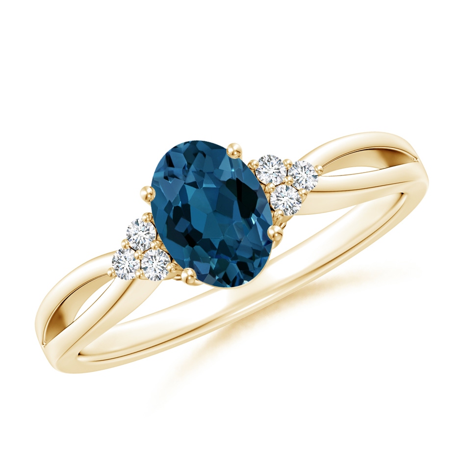 7x5mm AAA Oval London Blue Topaz Split Shank Ring with Trio Diamonds in Yellow Gold 