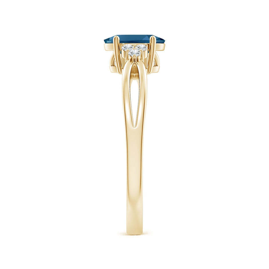 7x5mm AAA Oval London Blue Topaz Split Shank Ring with Trio Diamonds in Yellow Gold side-2