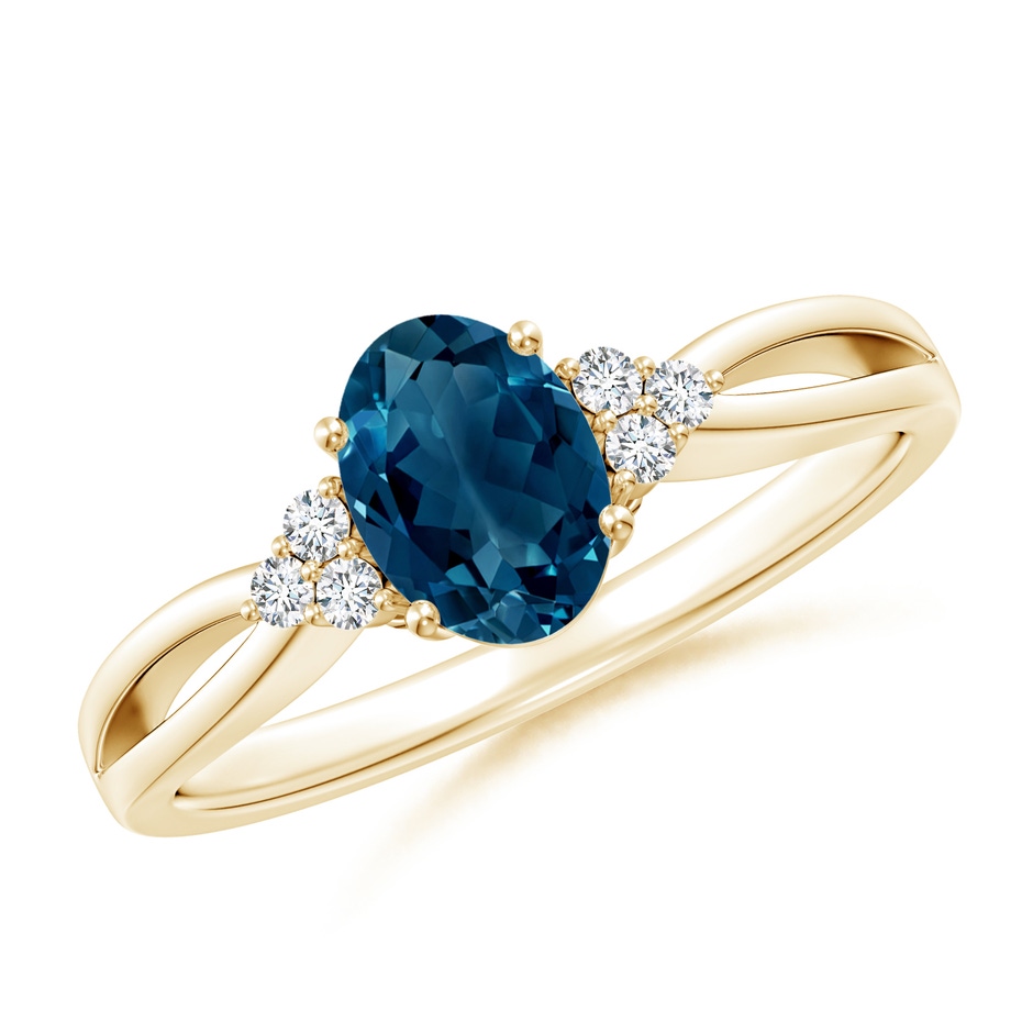 7x5mm AAAA Oval London Blue Topaz Split Shank Ring with Trio Diamonds in Yellow Gold 