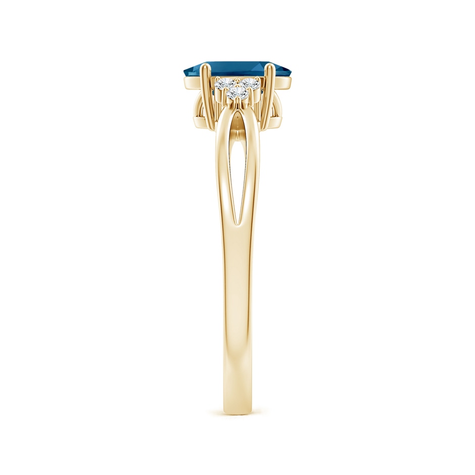 7x5mm AAAA Oval London Blue Topaz Split Shank Ring with Trio Diamonds in Yellow Gold side-2