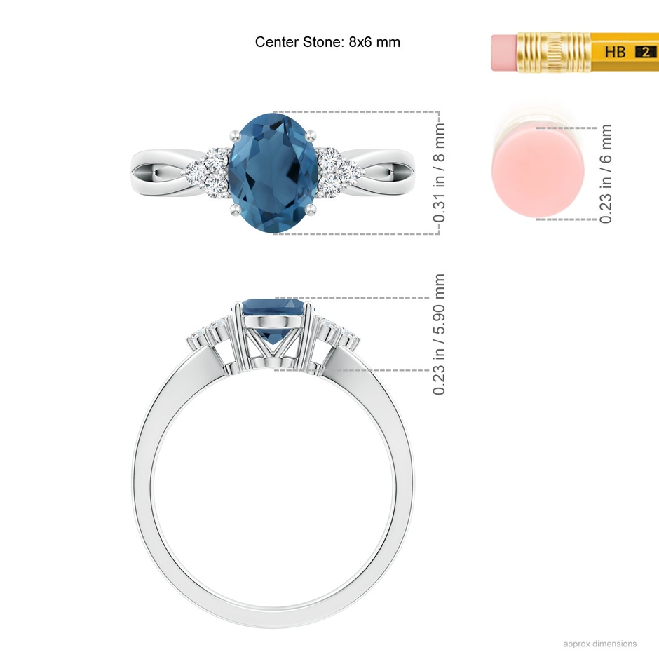 8x6mm A Oval London Blue Topaz Split Shank Ring with Trio Diamonds in P950 Platinum ruler