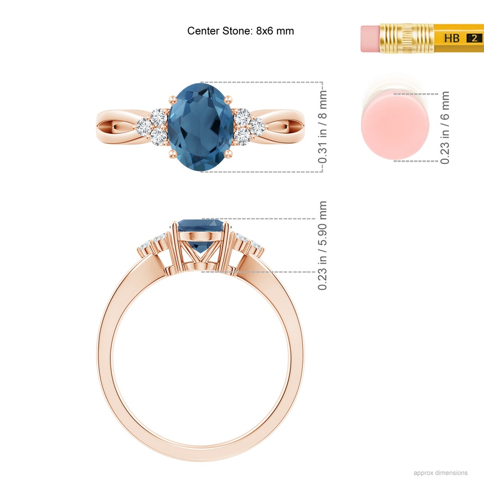 8x6mm A Oval London Blue Topaz Split Shank Ring with Trio Diamonds in Rose Gold ruler