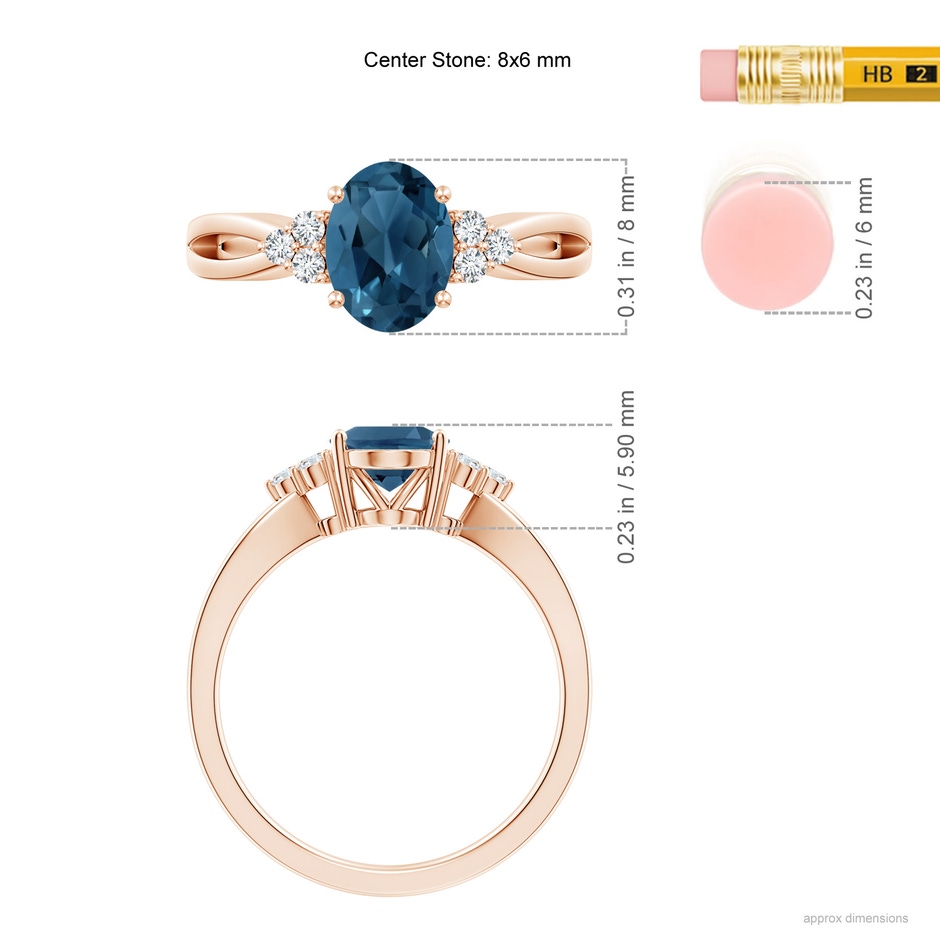 8x6mm AA Oval London Blue Topaz Split Shank Ring with Trio Diamonds in Rose Gold ruler