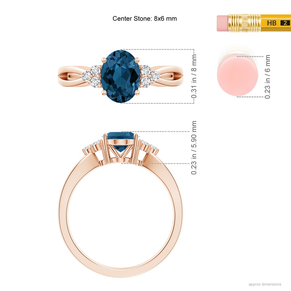 8x6mm AAA Oval London Blue Topaz Split Shank Ring with Trio Diamonds in Rose Gold ruler