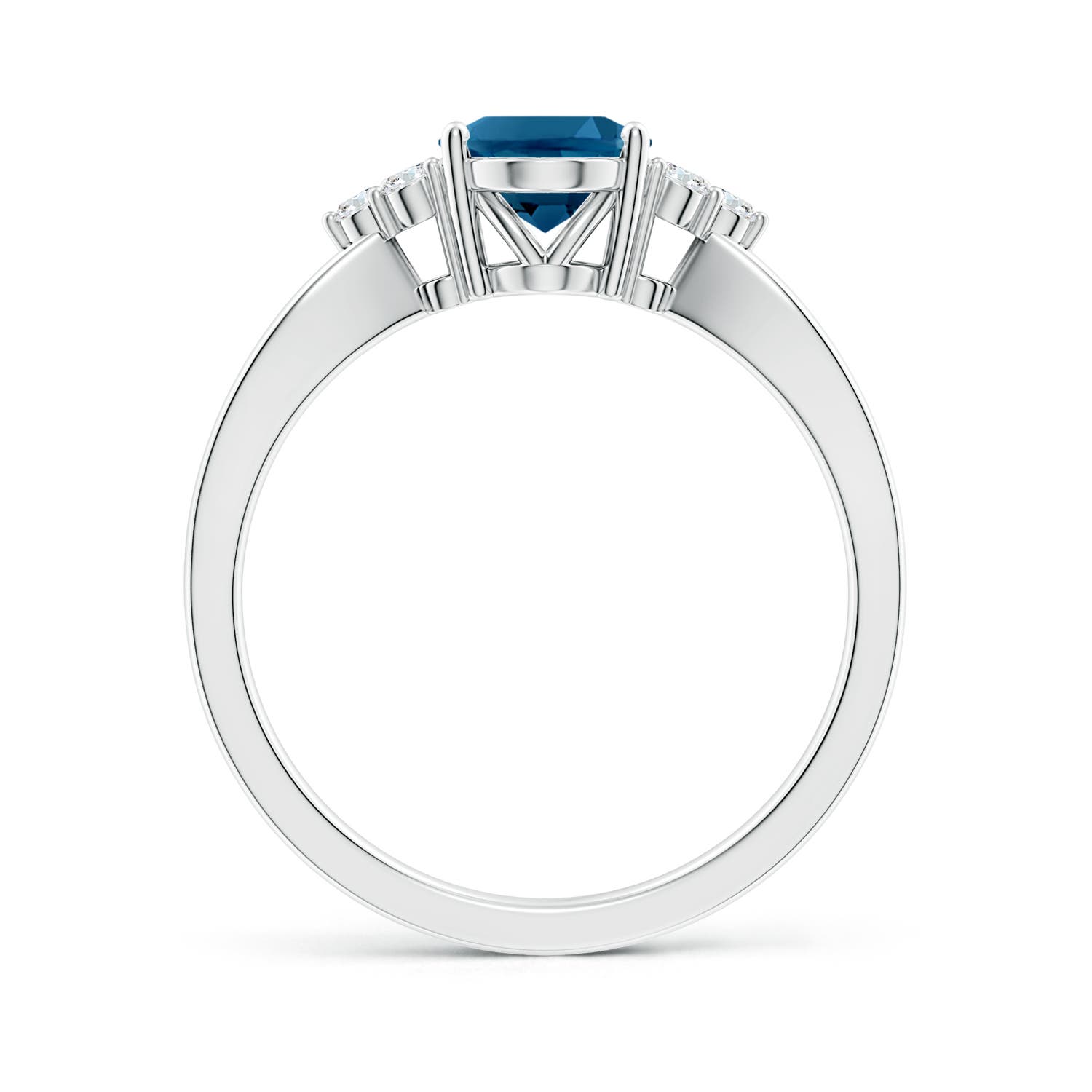 8x6mm AAAA Oval London Blue Topaz Split Shank Ring with Trio Diamonds in P950 Platinum - side 2