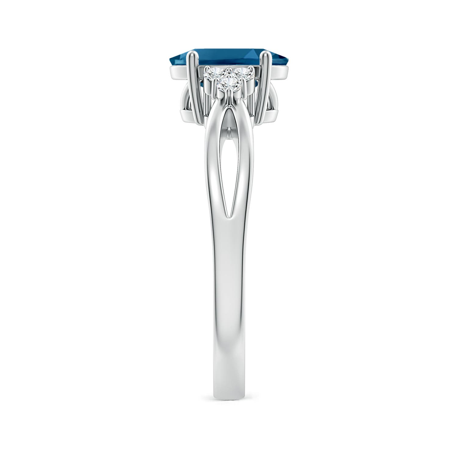 8x6mm AAAA Oval London Blue Topaz Split Shank Ring with Trio Diamonds in P950 Platinum - side 3
