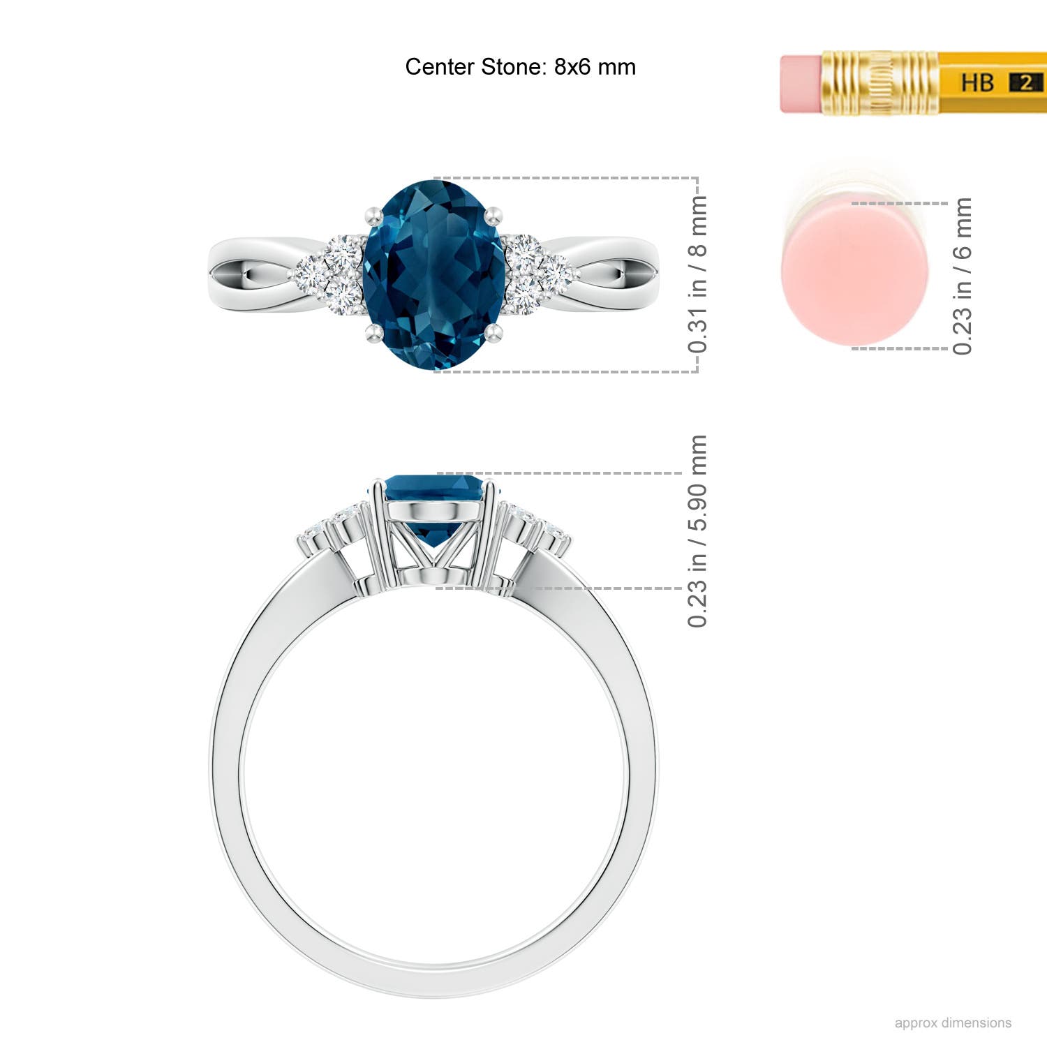 8x6mm AAAA Oval London Blue Topaz Split Shank Ring with Trio Diamonds in P950 Platinum - ruler