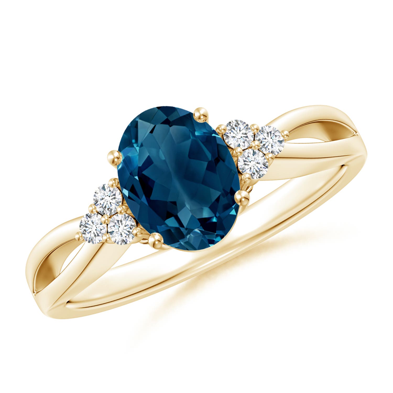 Oval London Blue Topaz Split Shank Ring with Trio Diamonds