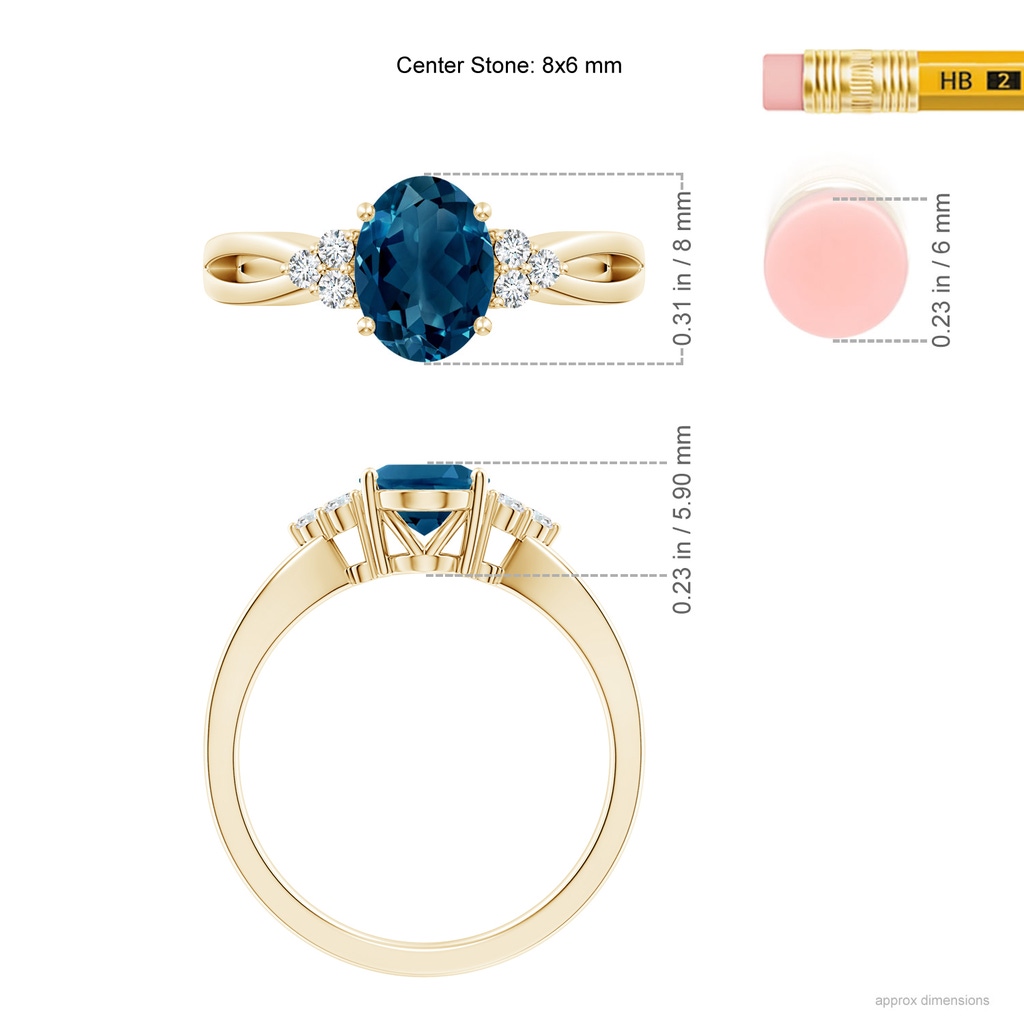 8x6mm AAAA Oval London Blue Topaz Split Shank Ring with Trio Diamonds in Yellow Gold Ruler