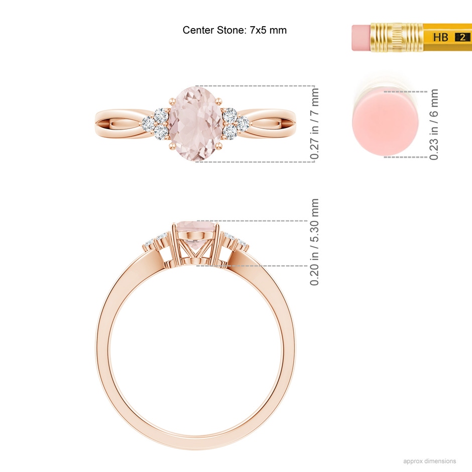 7x5mm A Solitaire Oval Morganite Split Shank Ring with Trio Diamonds in Rose Gold ruler
