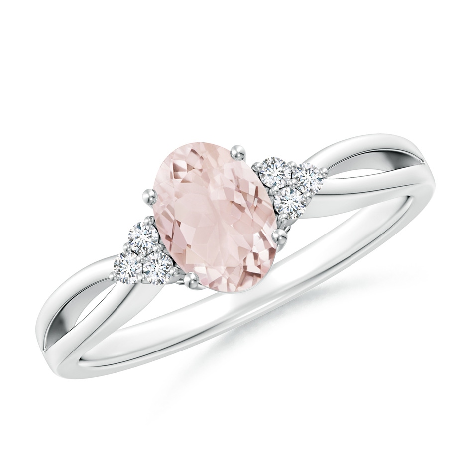 7x5mm A Solitaire Oval Morganite Split Shank Ring with Trio Diamonds in White Gold 