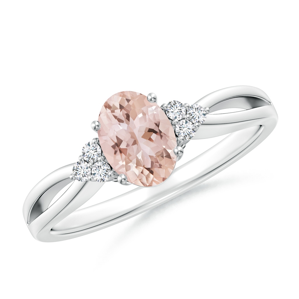 7x5mm AAA Solitaire Oval Morganite Split Shank Ring with Trio Diamonds in 9K White Gold