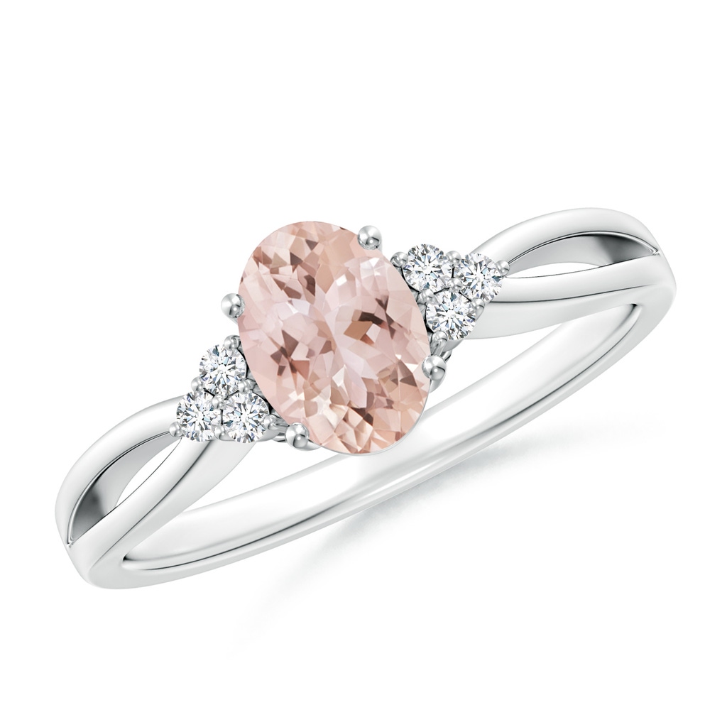 7x5mm AAA Solitaire Oval Morganite Split Shank Ring with Trio Diamonds in White Gold