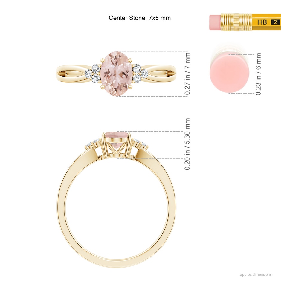 7x5mm AAA Solitaire Oval Morganite Split Shank Ring with Trio Diamonds in Yellow Gold ruler