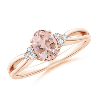 7x5mm AAAA Solitaire Oval Morganite Split Shank Ring with Trio Diamonds in 10K Rose Gold
