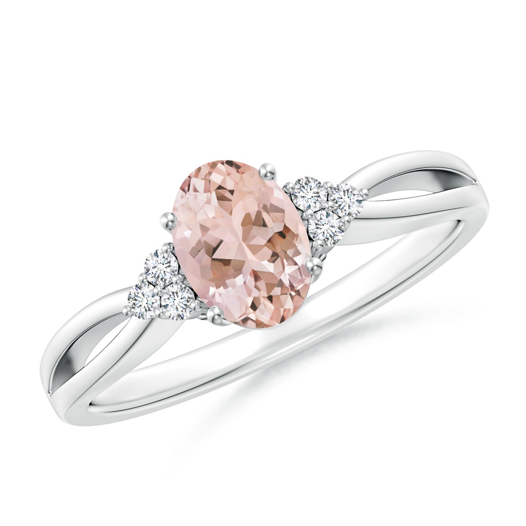 7x5mm AAAA Solitaire Oval Morganite Split Shank Ring with Trio Diamonds in 18K White Gold